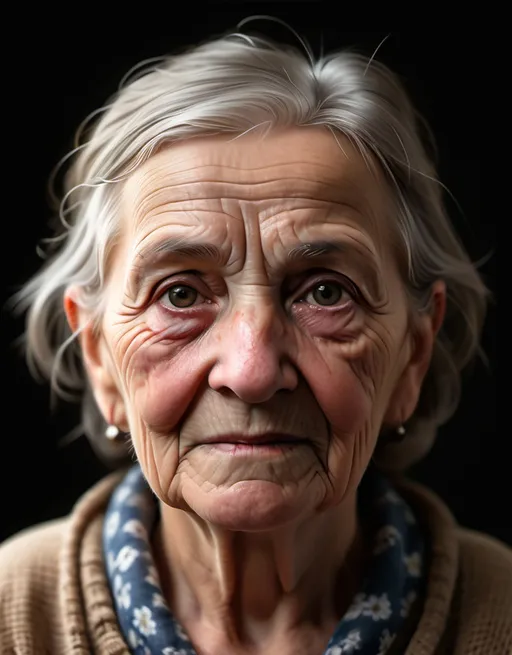 Prompt: A 3D realistic portrait of an elderly rural woman, viewed from the front, with a 50mm prime lens and dramatic front lighting. The background should be simple, minimalistic, resembling a studio portrait style.