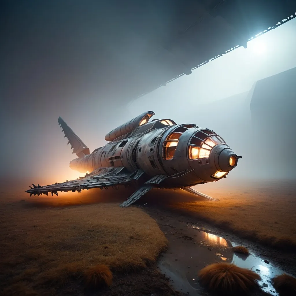 Prompt: A surreal image of a spaceship that has crashed on the ground. The scene is minimalistic with a misty, post-apocalyptic background, backlit lighting, and the spaceship made of fur.