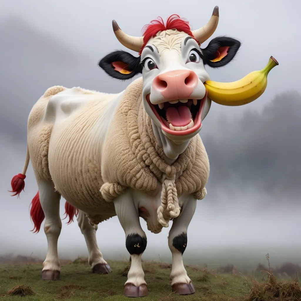 Prompt: A surreal and fantasy female cow with a friendly, smiling face, whose udders are larger than its body. This cow is humanized, with a body made of sheep’s wool, and is eating a banana. It has a long tail, with red and white coloring. The background is misty with backlighting, and the backdrop is gray.