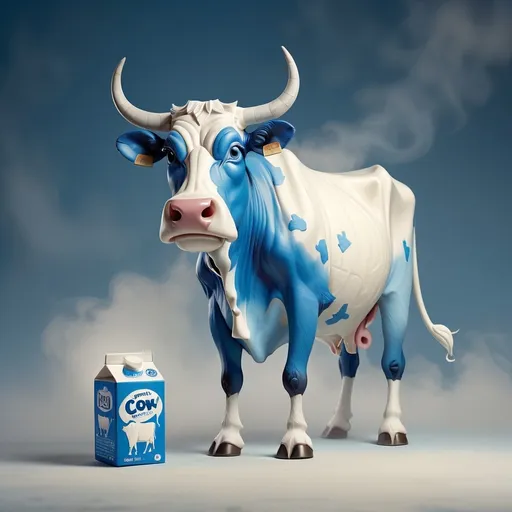 Prompt: A surreal and fantasy cow combined with a milk carton, creating a unique creature. It has the head and horns of a cow, and its body is shaped like a milk carton with a paper-like texture in white and blue colors. The cow stands in a misty, surreal atmosphere with soft lighting, and the simple, neutral background enhances the surreal quality of the image.