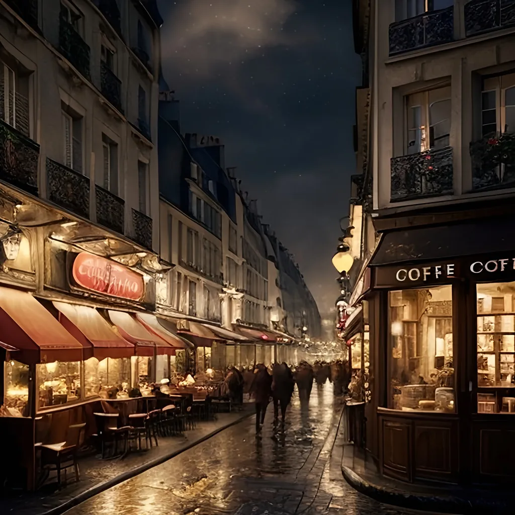 Prompt: (realistic landscape), (night setting), (cozy coffee shop scene), Paris city atmosphere, steaming coffee cup, prominently displayed coffee shop sign on the right, subtle warm lighting, inviting ambiance, enchanting streets of Paris in the background, twinkling street lamps, soft shadows and highlights, 4K, ultra-detailed, serene vibe.