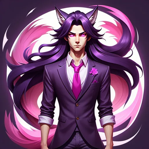 Prompt: Full body image, stylized digital art depiction of a human version of a nine-tailed fox, blending anime and Disney-inspired styles. He is a feminine-looking man. He has long, silky dark amethyst-colored hair that flows elegantly, bright pink eyes that are striking and vibrant, and fox-like features such as pointed ears with bright pink tips and a fluffy lavender tail (or tails) with bright pink tips. His outfit is simple like a tunic or robe with accents that hint at his fox origins. 