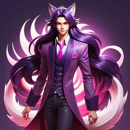 Prompt: Full body image, stylized digital art depiction of a human version of a nine-tailed fox, blending anime and Disney-inspired styles. He is a feminine-looking man. He has long, silky dark amethyst-colored hair that flows elegantly, bright pink eyes that are striking and vibrant, and fox-like features such as pointed ears with bright pink tips and a fluffy lavender tail (or tails) with bright pink tips. His outfit is simple like a tunic or robe with accents that hint at his fox origins. Should have an overall protective aura.