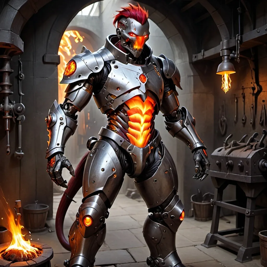 Prompt: Full Body, Handsome, well-toned man, early 30s, blacksmith, minimal blacksmith clothing, cyborg, medieval world aesthetic (Warforged-like), glowing red parts, streamlined design, hair literally on fire, deep red skin, glowing bright orange/yellow eyes, fire genasi, fangs, covered in scars and tattoos, large parts of chest, pelvic area and face visible, mechanical arms and legs, mechanical prehensile tail.