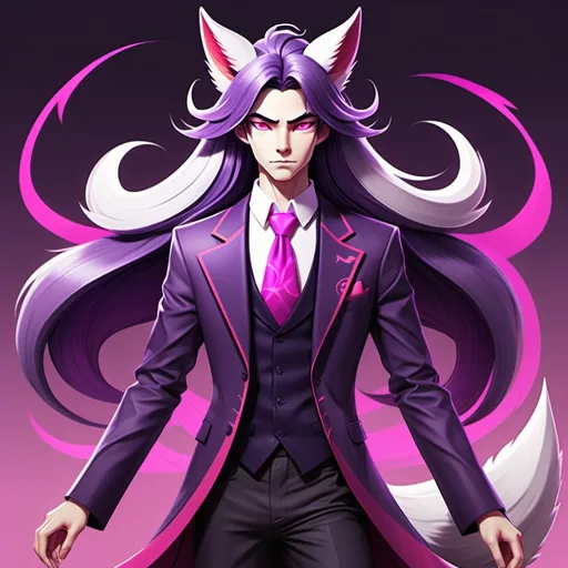 Prompt: Full body image, stylized digital art depiction of a human version of a nine-tailed fox, blending anime and Disney-inspired styles. He is a feminine-looking man. He has long, silky dark amethyst-colored hair that flows elegantly, bright pink eyes that are striking and vibrant, and fox-like features such as pointed ears with bright pink tips and a fluffy lavender tail (or tails) with bright pink tips. His outfit is simple like a tunic or robe with accents that hint at his fox origins. Should have an overall protective aura.