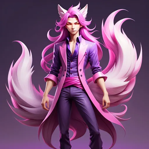 Prompt: Full body image, stylized digital art depiction of a human version of a nine-tailed fox, blending anime and Disney-inspired styles. He is a feminine-looking man. He has long, silky amethyst-colored hair that flows elegantly, bright pink eyes that are striking and vibrant, and fox-like features such as pointed ears with bright pink tips and a fluffy lavender tail (or tails) with bright pink tips. His outfit is simple like a tunic or robe with accents that hint at his fox origins. Should have an overall protective aura.