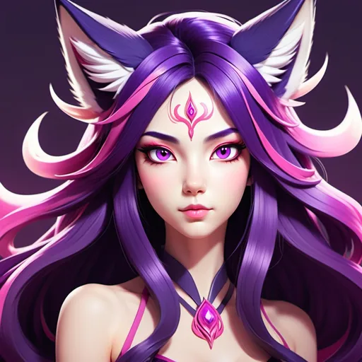 Prompt: Waist-up image, stylized digital art depiction of a humanoid version of a nine-tailed fox, blending anime and Disney-inspired styles. He is a feminine-looking man. He has long, silky dark amethyst-colored hair that flows elegantly, bright pink eyes that are striking and vibrant, and fox-like features such as pointed ears with bright pink tips and a fluffy lavender tail (or tails) with bright pink tips. His outfit is simple like a tunic or robe with accents that hint at his fox origins. Should have an overall protective aura.