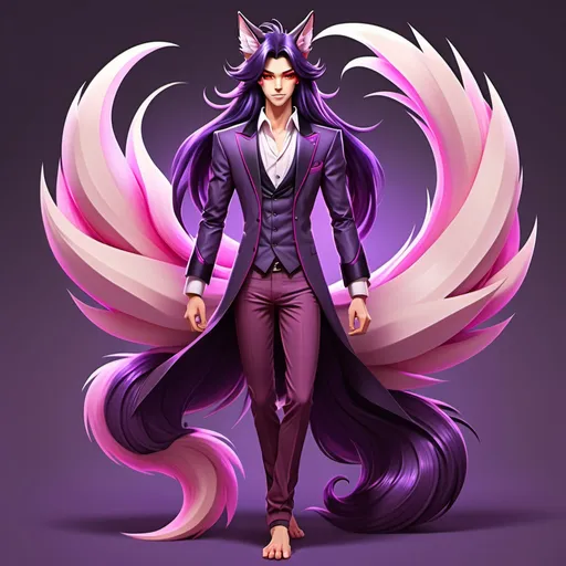 Prompt: Full body image, stylized digital art depiction of a human version of a nine-tailed fox, blending anime and Disney-inspired styles. He is a feminine-looking man. He has long, silky dark amethyst-colored hair that flows elegantly, bright pink eyes that are striking and vibrant, and fox-like features such as pointed ears with bright pink tips and a fluffy lavender tail (or tails) with bright pink tips. His outfit is simple like a tunic or robe with accents that hint at his fox origins. Should have an overall protective aura.