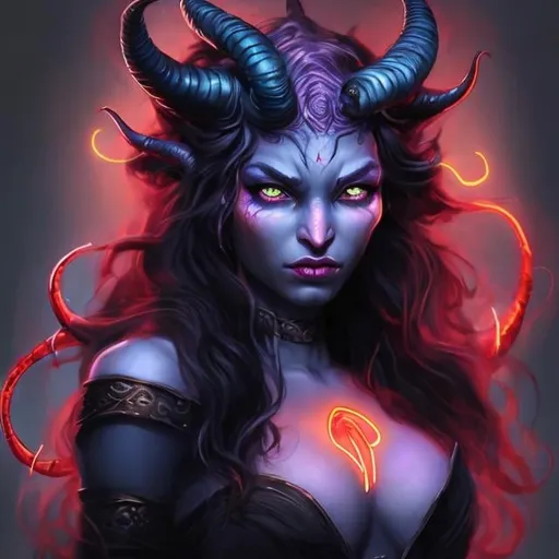 Prompt: Tiefling, beautiful tiefling woman, high quality, best quality, regal aura, majestic vibe, flowing black hair, long curling horns, a majestic crown made of opals, blue skin, blue skin with demonic markings, glowing red eyes