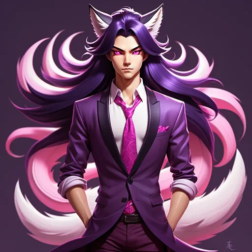 Prompt: Full body image, stylized digital art depiction of a human version of a nine-tailed fox, blending anime and Disney-inspired styles. He is a feminine-looking man. He has long, silky dark amethyst-colored hair that flows elegantly, bright pink eyes that are striking and vibrant, and fox-like features such as pointed ears with bright pink tips and a fluffy lavender tail (or tails) with bright pink tips. His outfit is simple like a tunic or robe with accents that hint at his fox origins. Should have an overall protective aura.