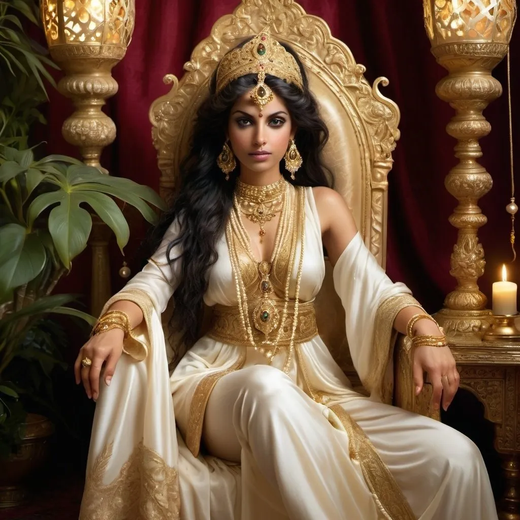 Prompt:  pearl-clad Djinn Sultana, luxurious flowing robes adorned with pearls, radiant and mystical aura, lavish decorations with silks and gold, golden accents, lush surroundings with exotic plants, mesmerizing ambiance, incense and lanterns creating a dreamy atmosphere, the Sultana seated on a golden throne, commanding presence, enchanting gaze, ethereal beauty, magic in the air.