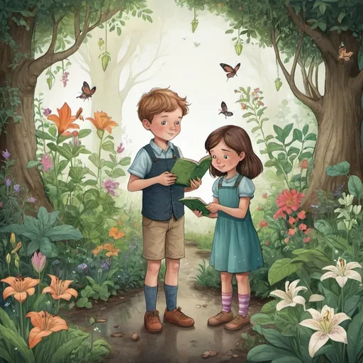 Prompt: Create a series of illustration drawings for a children's book titled "The Magical Garden". The story revolves around two siblings, Lily and Ben, who discover a hidden garden behind their grandmother's house. As they explore the garden, they encounter various magical creatures and plants.
