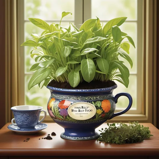 Prompt: (accurately spelled text "The Best Food"), a vibrant glade plant in a beautifully detailed pot, with a whimsical teabag nestled in the rich soil, soft natural light illuminating the scene, lush greenery emphasizing freshness, serene atmosphere, charming and inviting, complementary contrasting colors, ultra-detailed, atmospheric composition evoking calmness and simplicity, perfect for a kitchen or dining setting.