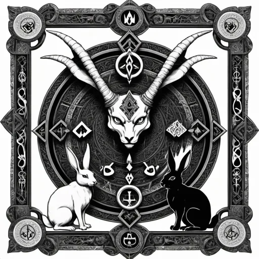 Prompt: devil horned loki and chaos, infinity, ankh, turkish shaman ornate frame, pyramid, a black rabbit and a white rabbit, twin dragons