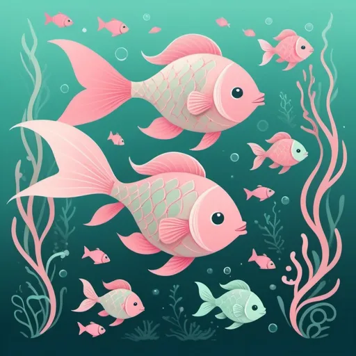 Prompt: (fantasy style fish), simple flat design, cartoon style, pastel color scheme, soft hues of pink and mint, whimsical shapes, playful composition, gentle and serene atmosphere, attractive to the eye, enchanting underwater elements, subtle textures, vibrant but soothing colors, HD quality, user-friendly visuals for all ages.