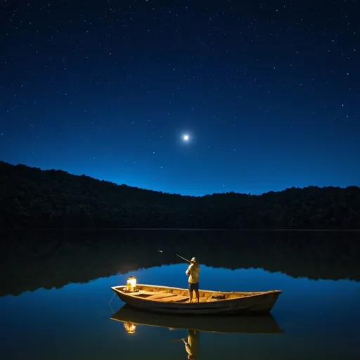 Prompt: lago azul, noite com estrelas, grande meia lua, barco com pescador