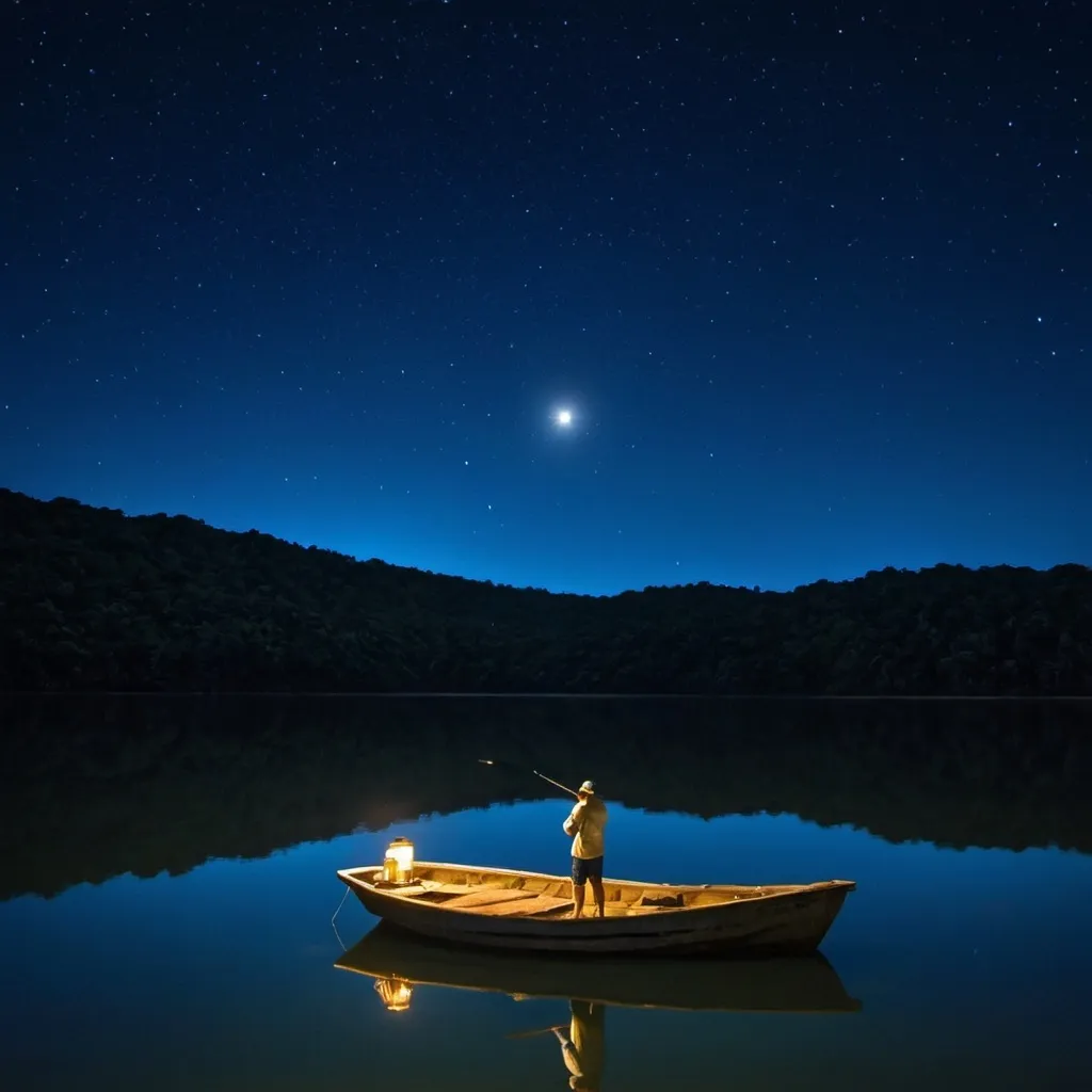 Prompt: lago azul, noite com estrelas, grande meia lua, barco com pescador