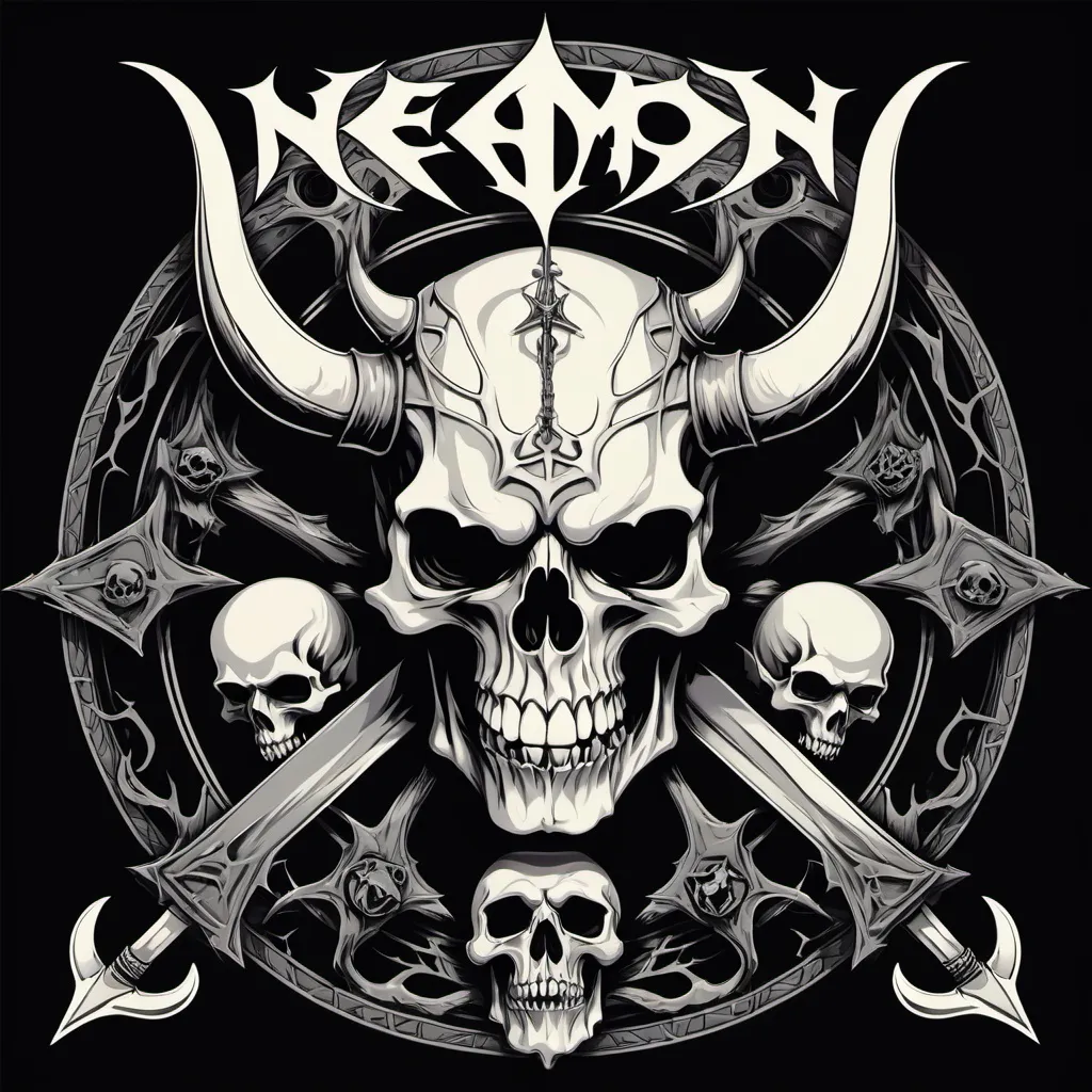 Prompt: A death metal band logo called Neo-Amon with skulls and Ragnarok demon