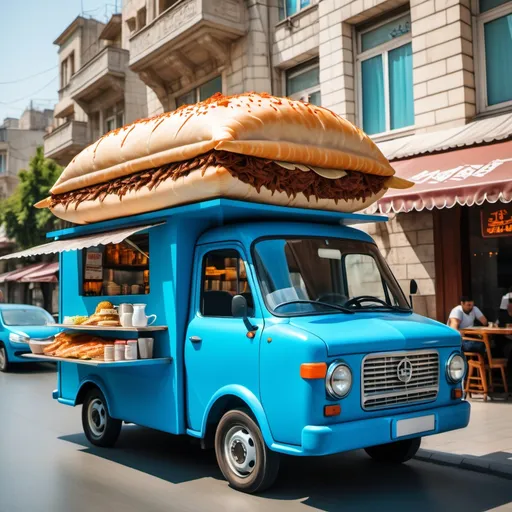 Prompt: flying doner truck pickup car in blue ocean color in baku city tea house