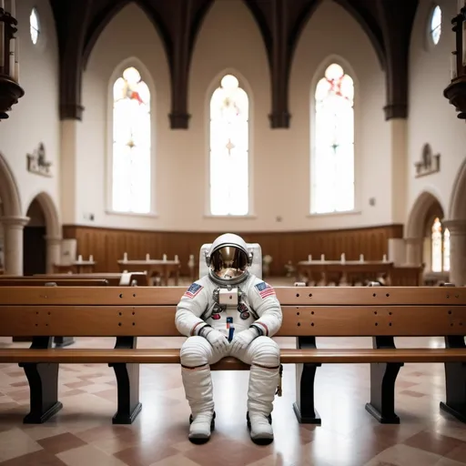 Prompt: photorealistic documentary photo of an astronaut, sitting in a European catholic church 4k, empty benches, natural light, 35mm, wide angle, full shot