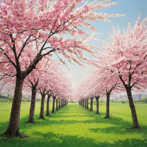 Prompt: cherry blossom in a green field