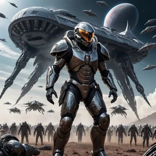Prompt: A human warrior wearing a combat armor is like a tom cruise standing on the corpses of millions of alien invaders, looking at dozens of alien spaceships in the sky, flying out of the time wormhole, and human flying warships are also attacking the alien spacecraft.