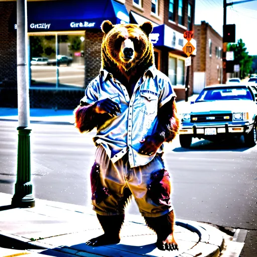 Prompt:  Ghetto grizzly bear in street clothes standing on a corner 