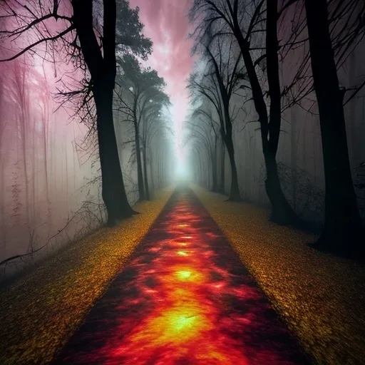 Prompt: A haunted forest with a trail that the person looking at the image is walking down, creepypasta are lined up trying to spook you. It is fall and the sky is a swirl of pink orange and yellow. scary