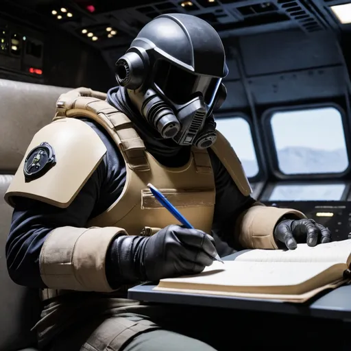 Prompt: A masked helldivers 2 soldier writing in a diary while aboard their star destroyer space ship