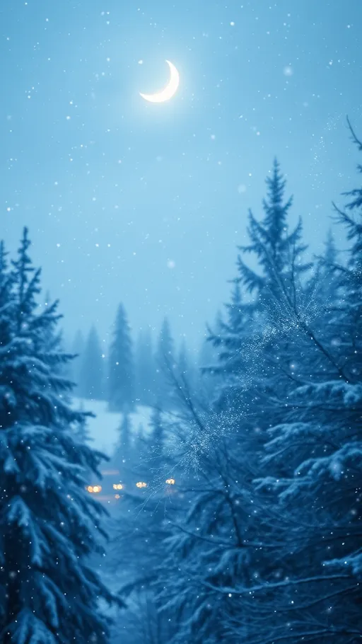 Prompt: (magical winter wonderland), drifting snowflakes, (ethereal ambiance), shimmering stars twinkling, crescent moon illuminating the scene, cool tones of blue and white, enchanting atmosphere, delicate frost covering trees, high quality, ultra-detailed, serene and whimsical essence, soft glowing lights twinkling in the distance.