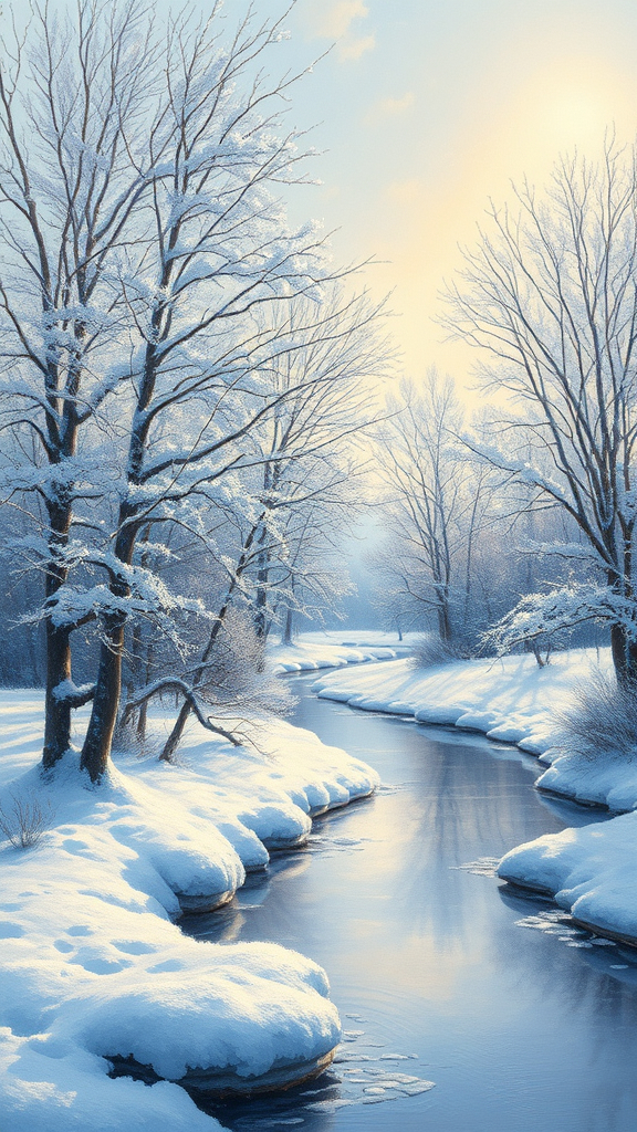 Prompt: (winter scenery), (oil painting), pristine snow-covered landscape, bare trees adorned with frost, gentle hues of blue and white, soft golden sunlight illuminating the scene, serene atmosphere, cozy and inviting details, reflections in the tranquil water, brush strokes conveying movement of the wind, ultra-detailed, masterpiece.