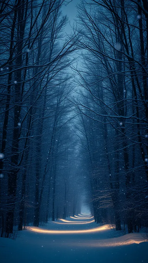 Prompt: snow falling in an evening winter forest, (magical) (mysterious) ambiance, ethereal lighting casting gentle shadows, trees dusted with white snow, soft glimmers of frost, tranquil serenity, enchanting winter scene, understated color palette, dark blues and whites, delicate snowflakes mesmerizing, (high quality) (4K), peaceful and captivating atmosphere, winter night's hush enveloping the landscape.