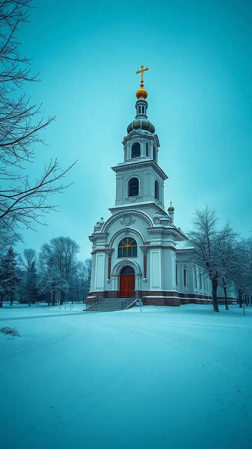 Prompt: (orthodox church), winter landscape, serene atmosphere, snow-covered ground, ornate architecture, muted color tones, gentle snowfall, soft lighting, tranquil vibe, lovely details in the church’s facade, towering bell tower, deep blue skies, picturesque scenery, peace and solitude, ultra-detailed, 4K quality.