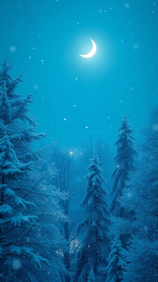 Prompt: (magical winter wonderland), drifting snowflakes, (ethereal ambiance), shimmering stars twinkling, crescent moon illuminating the scene, cool tones of blue and white, enchanting atmosphere, delicate frost covering trees, high quality, ultra-detailed, serene and whimsical essence, soft glowing lights twinkling in the distance.