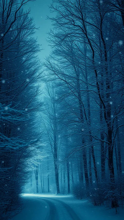 Prompt: snow falling in an evening winter forest, (magical) (mysterious) ambiance, ethereal lighting casting gentle shadows, trees dusted with white snow, soft glimmers of frost, tranquil serenity, enchanting winter scene, understated color palette, dark blues and whites, delicate snowflakes mesmerizing, (high quality) (4K), peaceful and captivating atmosphere, winter night's hush enveloping the landscape.