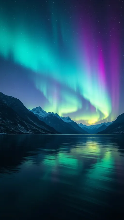 Prompt: (northern lights) breathtaking aurora borealis illuminating the sky, mesmerizing green and purple hues, tranquil fjord reflecting the vibrant colors, surrounded by majestic mountains, serene water surface, starry night ambiance, gentle ripples in the water, ultra-detailed, cinematic beauty, magical atmosphere, high-quality, immersive scenery.