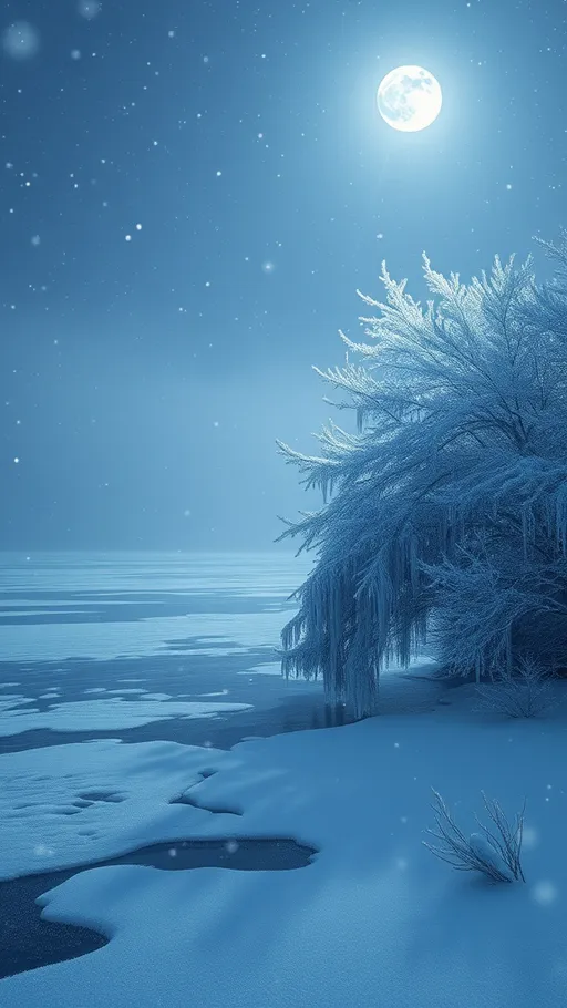 Prompt: (ethereal winter landscape), soft falling snowflakes, luminous moonlight reflecting on a frozen lake, beautiful frosted trees with sparkling icicles, peaceful, serene atmosphere, misty horizon, cool tones of blue and silver, high depth cinematic masterpiece, ultra-detailed winter scenery, tranquil and magical vibe, enchanting winter wonderland.