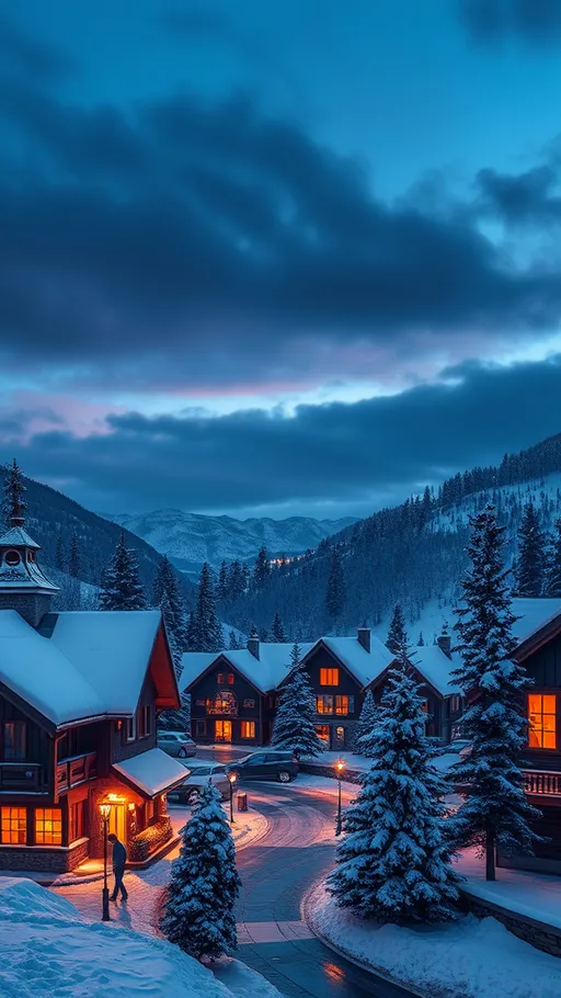 Prompt: (alpine winter village), cozy evening ambiance, snow gently drifting, warm glowing lights in windows, soft snow covering rooftops, serene atmosphere, beautiful pine trees, twilight sky with shades of deep blue and purple, reflective surfaces, peaceful tranquility, inviting warm tones against a frosty backdrop, ultra-detailed, HD quality, tranquil landscape, winter wonderland scenery