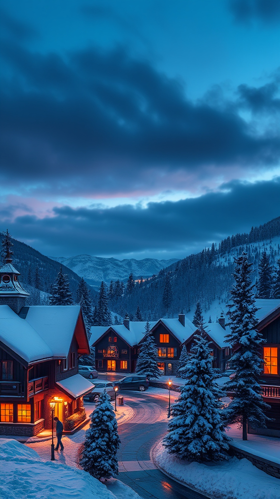 Prompt: (alpine winter village), cozy evening ambiance, snow gently drifting, warm glowing lights in windows, soft snow covering rooftops, serene atmosphere, beautiful pine trees, twilight sky with shades of deep blue and purple, reflective surfaces, peaceful tranquility, inviting warm tones against a frosty backdrop, ultra-detailed, HD quality, tranquil landscape, winter wonderland scenery