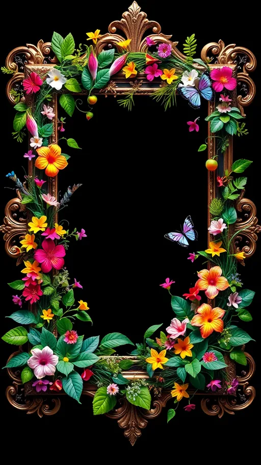 Prompt: (ornate picture frame), intricately designed with an array of vibrant (flora and fauna), lush greenery intertwined with colorful flowers and delicate butterflies, set against a striking (black background), a high-contrast visual that draws the eye, encapsulating a sense of beauty and tranquility, (4K, ultra-detailed), perfect for evoking a sense of wonder and nature's artistry.