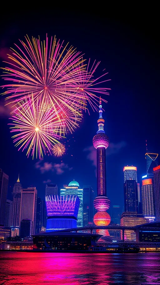 Prompt: (colorful fireworks) bursting vibrantly in the night sky, (spectacular illumination) over the iconic skyline of Shanghai, featuring modern skyscrapers, vibrant reflections on the water, under a deep blue night sky, creating a breathtaking ambiance of celebration, high-quality 4K detail, ultra-detailed cityscape, mood of excitement and joy.