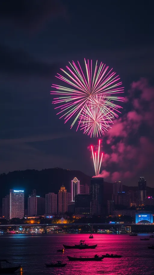 Prompt: (fireworks over city), vibrant colors exploding in the night sky, lush urban skyline silhouetted below, (illuminated buildings), a serene atmosphere filled with joy and excitement, (dynamic bursts of light), reflections shimmering on water, (4K resolution), dreamy ambiance with swirling skies, night time setting.