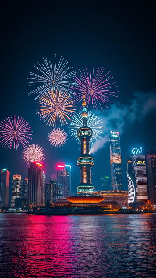 Prompt: (colorful fireworks) bursting vibrantly in the night sky, (spectacular illumination) over the iconic skyline of Shanghai, featuring modern skyscrapers, vibrant reflections on the water, under a deep blue night sky, creating a breathtaking ambiance of celebration, high-quality 4K detail, ultra-detailed cityscape, mood of excitement and joy.