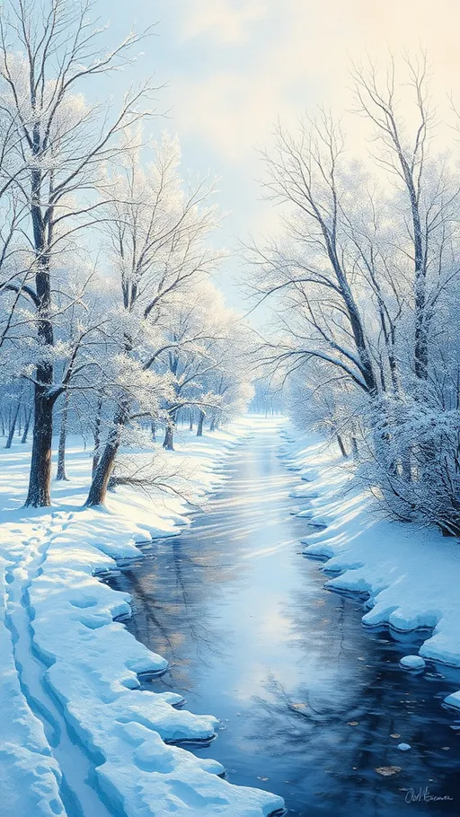 Prompt: (winter scenery), (oil painting), pristine snow-covered landscape, bare trees adorned with frost, gentle hues of blue and white, soft golden sunlight illuminating the scene, serene atmosphere, cozy and inviting details, reflections in the tranquil water, brush strokes conveying movement of the wind, ultra-detailed, masterpiece.