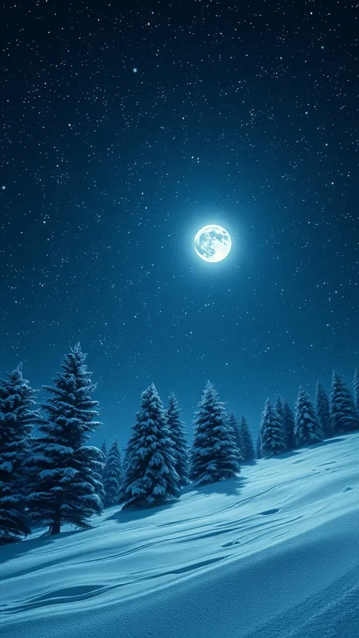 Prompt: starry winter night, (incredible night sky), sparkling stars, gentle snowflakes falling, serene and tranquil ambiance, (cool, crisp air), moonlight illuminating the snow-covered landscape, (highly detailed), tranquil atmosphere, peaceful scenery with evergreen trees, subtle shades of blue and white, (4K resolution), magical and whimsical mood.