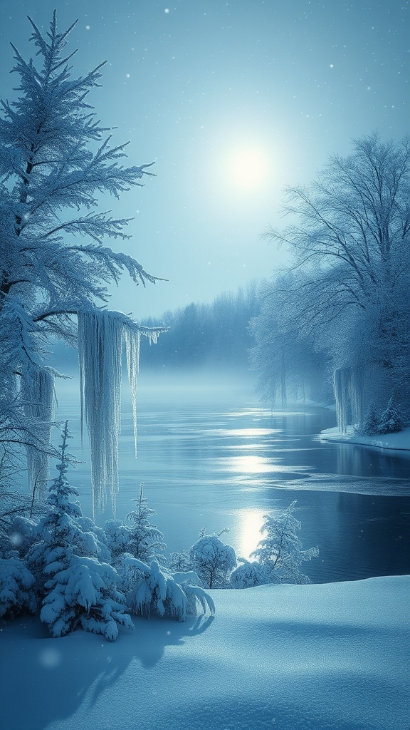 Prompt: (ethereal winter landscape), soft falling snowflakes, luminous moonlight reflecting on a frozen lake, beautiful frosted trees with sparkling icicles, peaceful, serene atmosphere, misty horizon, cool tones of blue and silver, high depth cinematic masterpiece, ultra-detailed winter scenery, tranquil and magical vibe, enchanting winter wonderland.