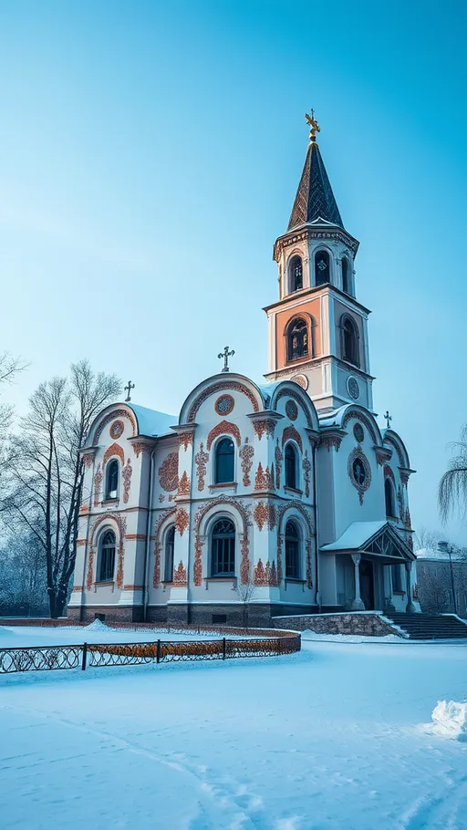 Prompt: (orthodox church), winter landscape, serene atmosphere, snow-covered ground, ornate architecture, muted color tones, gentle snowfall, soft lighting, tranquil vibe, lovely details in the church’s facade, towering bell tower, deep blue skies, picturesque scenery, peace and solitude, ultra-detailed, 4K quality.