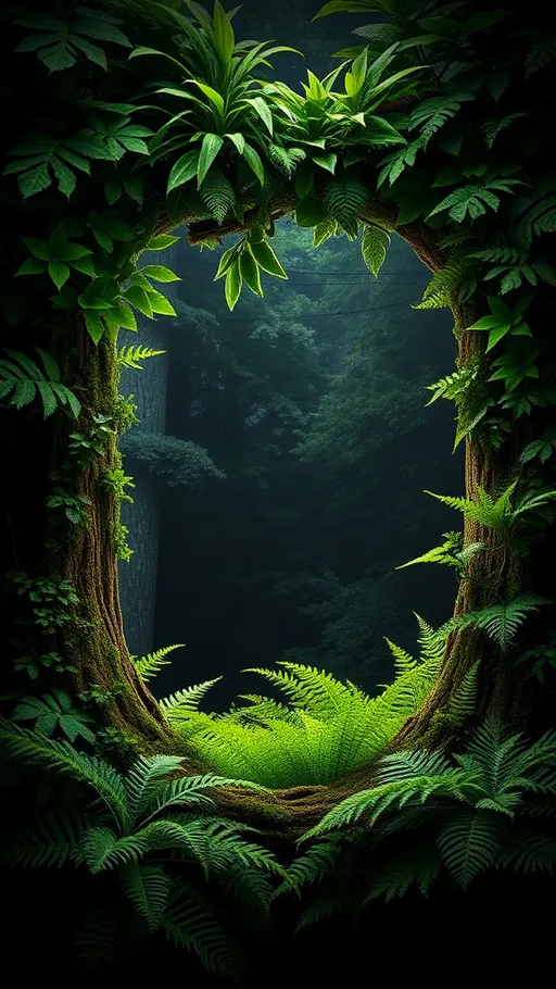 Prompt: (picture frame) formed by (lush forest trees) and (vibrant green ferns), (no picture inside), deep (black background), enchanting and serene ambiance, showcasing a rich array of (textures and shapes) from the foliage, ultra-detailed and (high quality), ideal for an ethereal and nature-inspired atmosphere, captivating viewer's imagination.