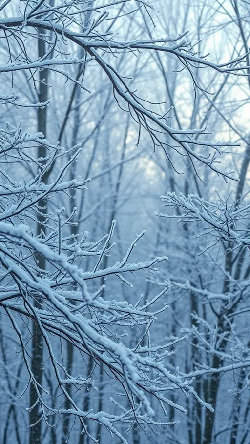 Prompt: (ephemeral winter forest), snow drifting gently, serene atmosphere, soft white snow covering tree branches, peaceful and tranquil ambiance, muted color tones with cool blues and greys, intricate details of frost on leaves, a misty background with hint of sunlight filtering through, (4K) ultra-detailed, capturing the magic of a fleeting winter landscape.