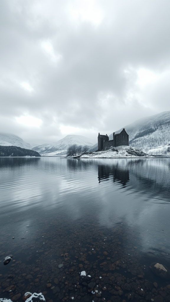 Prompt: Scottish highland lake with castle ruins, (winter wonderland), snow gently falling, serene atmosphere, (majestic landscape), reflective crystal-clear waters, muted color tones of gray and white, dramatic clouds overhead, (ultra-detailed), nature's tranquility, enchanting scene, picturesque view, (4K resolution), hints of rugged hillside in the background, winter chill enchantment.